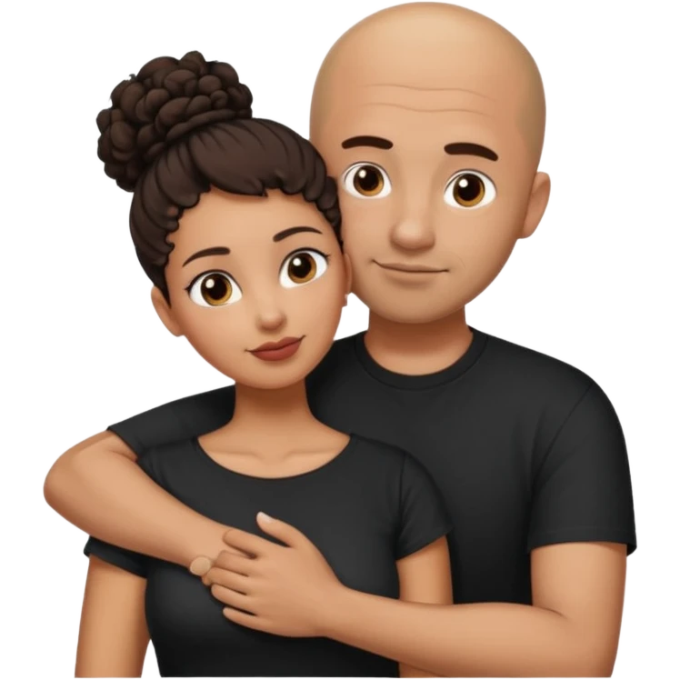 A picture of a tanned couple embracing. the man is a Mexican man with tanned skin, a bald hair cut, short beard and wearing a black shirt. the woman is mixed, with curly dark brown hair in a big messy bun and with big boobs  emoji