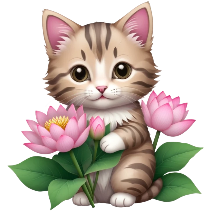 Kitten holding a bouquet of lotus flowers emoji