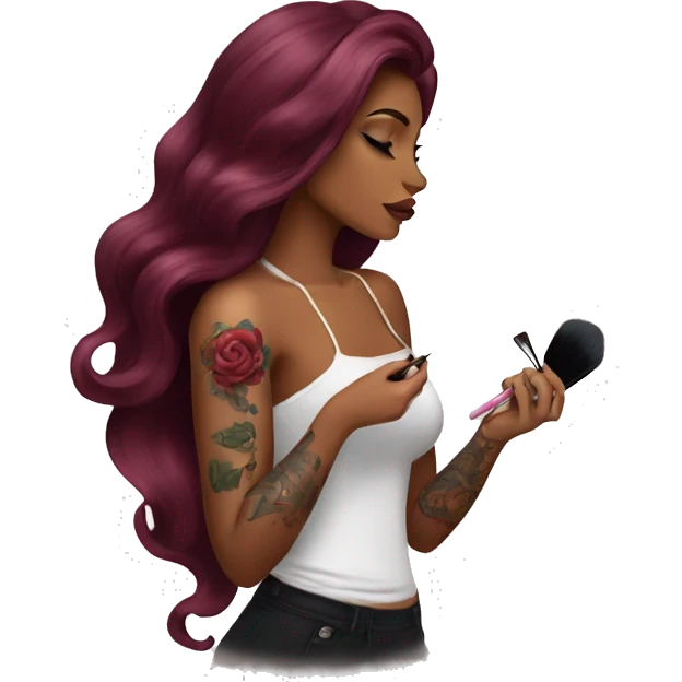 Beautiful tattooed burgundy long haired woman doing her makeup emoji