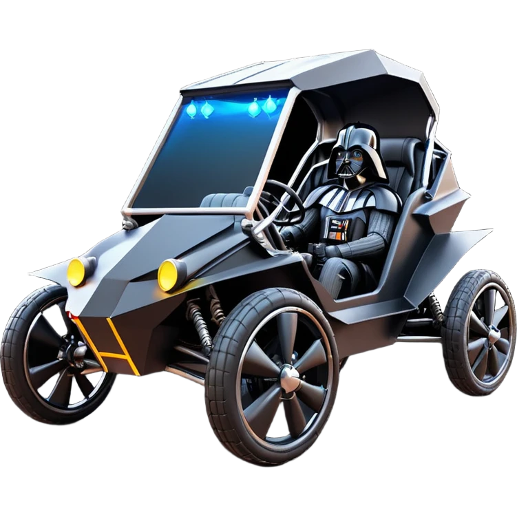 Mad max survival apocalypse ghostly sporty Darth Vader’s Batman-armored 1876 black graphite colored enclosed twin seat town buggy with horizontal holographic 3d stars painted on the body sides and neon under glow  emoji
