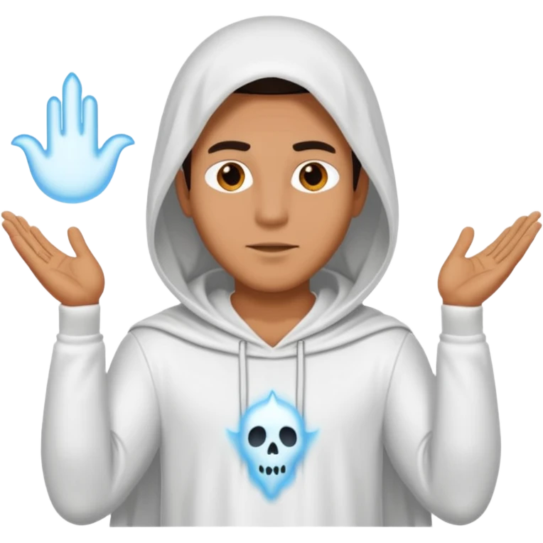 Make a guy in a ghost outfit with a point top emoji