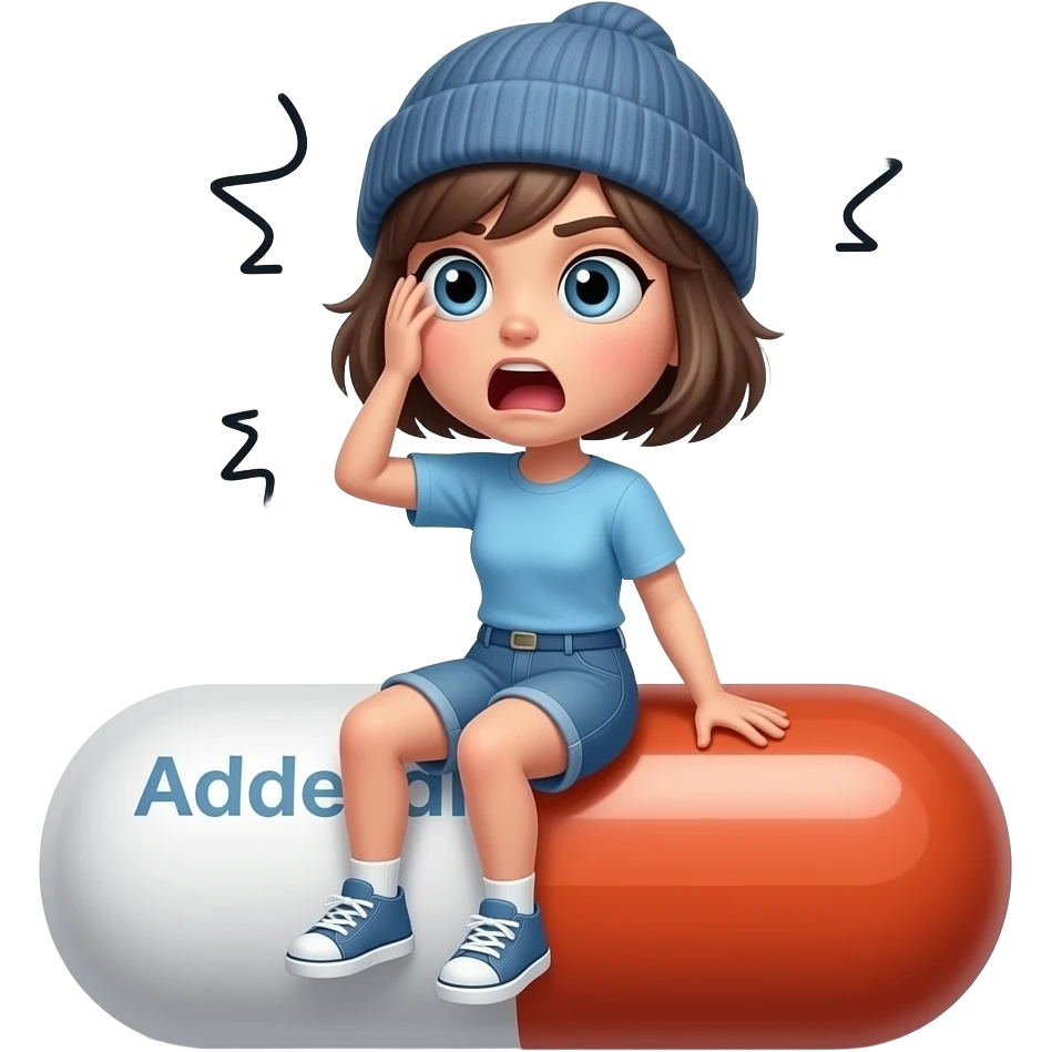Tomgirl with short hair and beanie is shaking violently (indicated by squiggly lines). She is sitting on a giant Adderall pill that is kind of a pillow.  She had one black eye and looks shocked. emoji