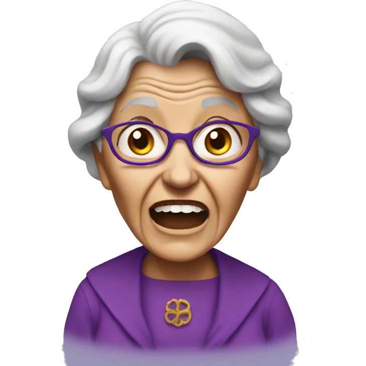An old woman dressed entirely in purple screams  emoji