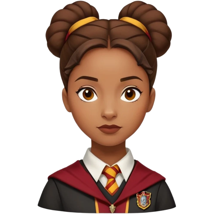 Angelina Johnson in harry potter, wear hogwarts gryfindor uniform,  thick, brown bun hair , reflecting her bold, stylish, and strong personality emoji