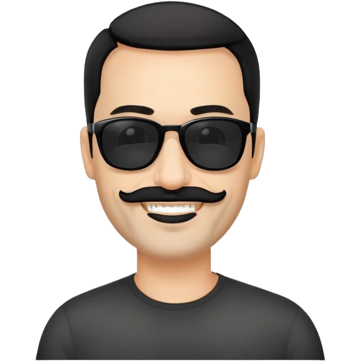 đàn ông 50 tuổi, da trắng, có râu ria đen. đeo kính đen, tóc đen ngắn, cười mỉm emoji