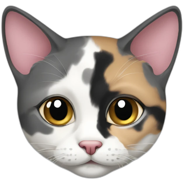 senior round diluted calico cat, white chin, black and pink nose, grey ears, grey and white emoji