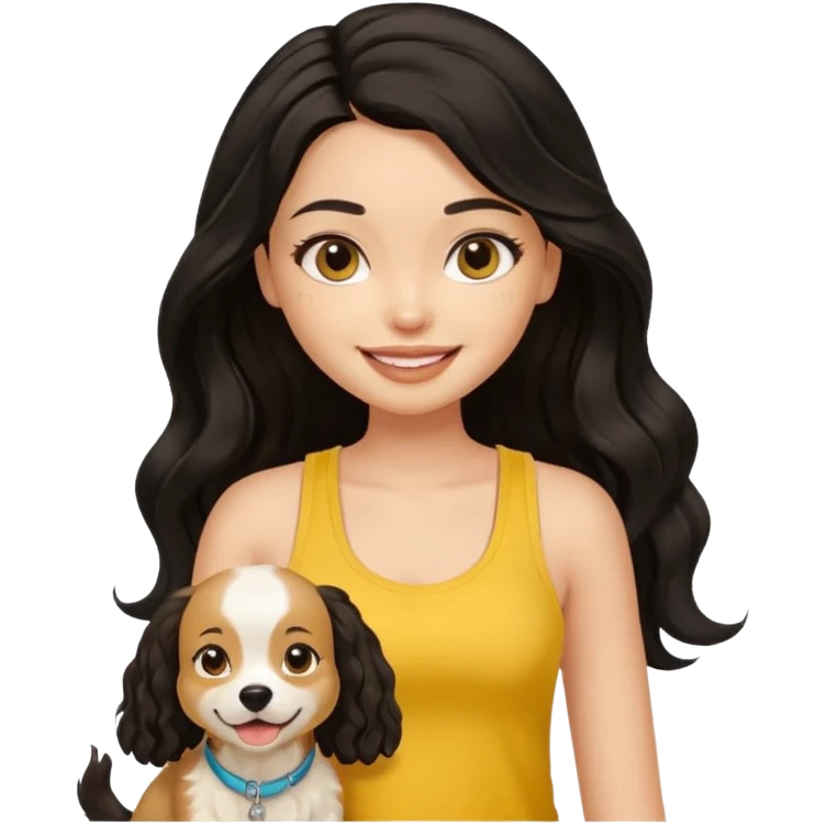 brown pretty bratz girl with long wavy black hair, wearing a yellow tank top with a dog emoji