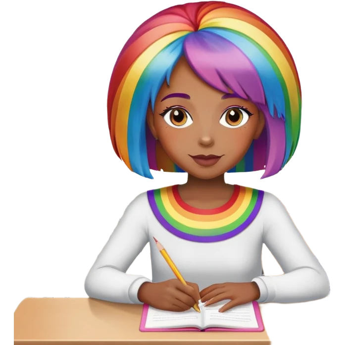 Black lady in the rainbow colored wig, sitting at the school table emoji