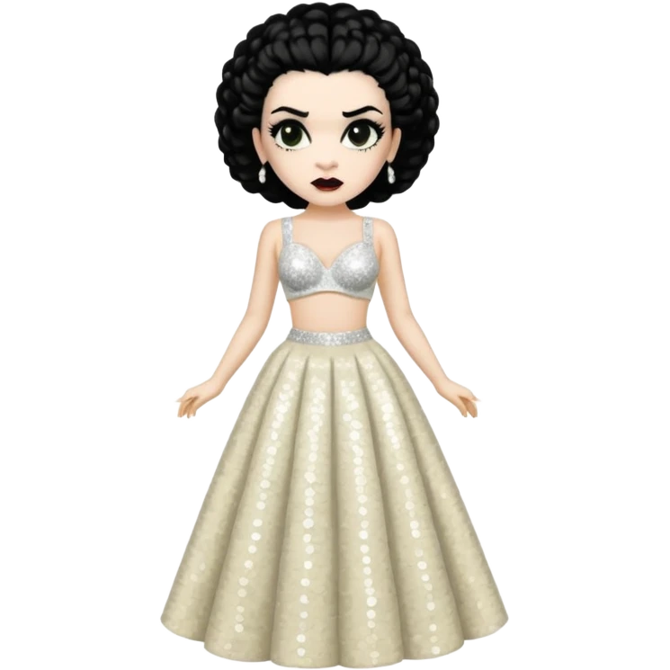 Bride of Frankenstein with black hair, ivory sequin bra, ivory sequin long skirt  emoji