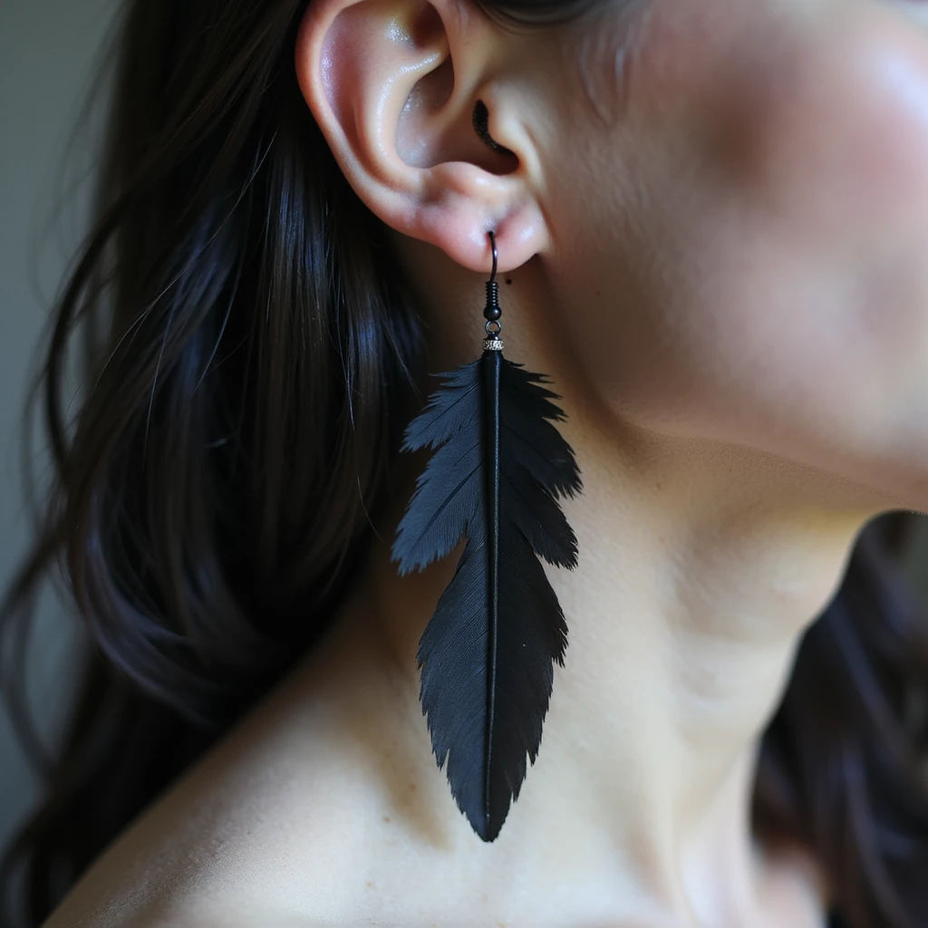 realistic goth earrings, black feather, soft and delicate, ethereal gothic emoji