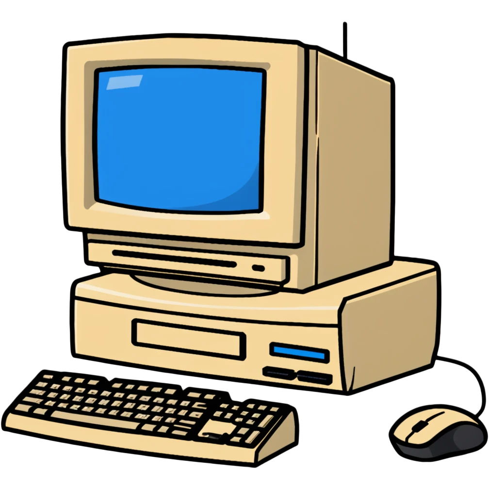 Early 2000s desktop computer, beige plastic casing, CRT monitor with blue screen, tower CPU with CD drive, separate wired keyboard and mouse, simple tech setup emoji