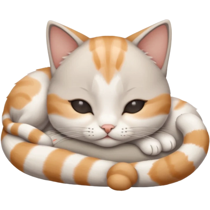 grey and white small cat with eyes closed lying down upside down with its head resting own paw emoji