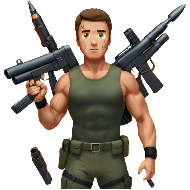 Icon for Action Movies: Close-up collage featuring Schwarzenegger in 'Commando' and  Stallone in 'Rambo', in bold poses. Background includes explosions, rockets flying, and machine guns. The style is reminiscent of a cinematic movie poster with intense, dramatic colors. Transparent background. emoji