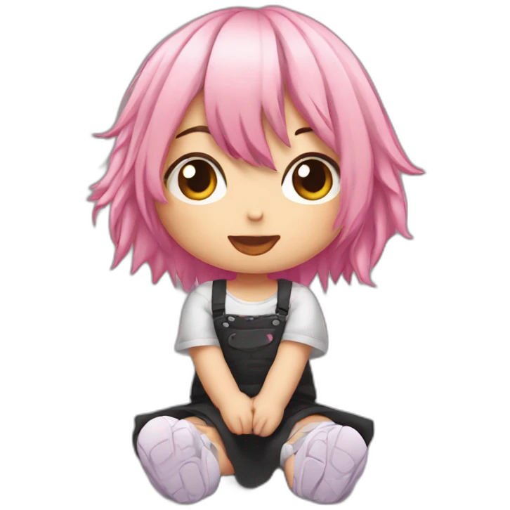 Full body Front view curvy emo girl pink hair sits on the floor straight view hands up black skirt полосатые рваные чулки emoji