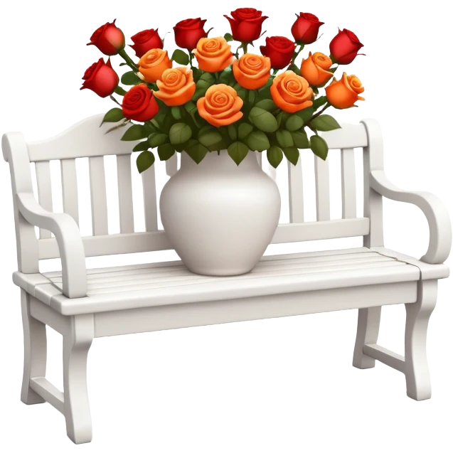 White bench with a romantic lush warm-colored flower vase on top emoji