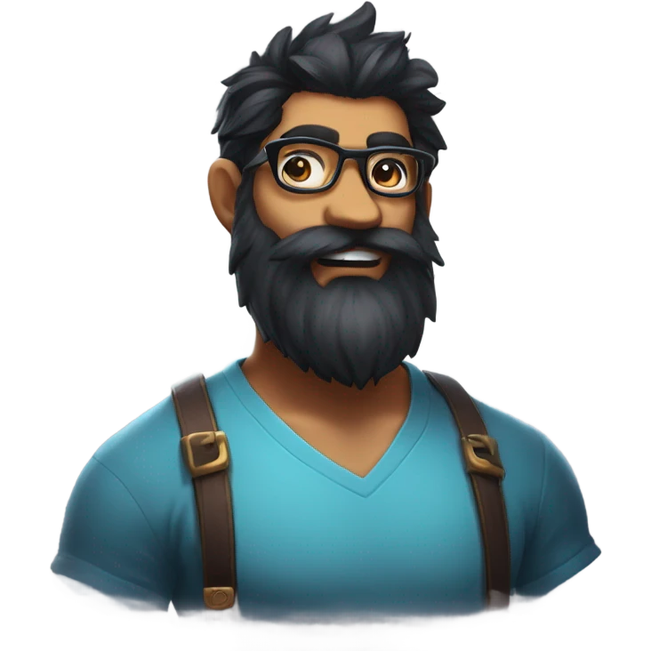 giant beard face, provides glasses and black beard and hair. e-sports player and plays league of legends. emoji
