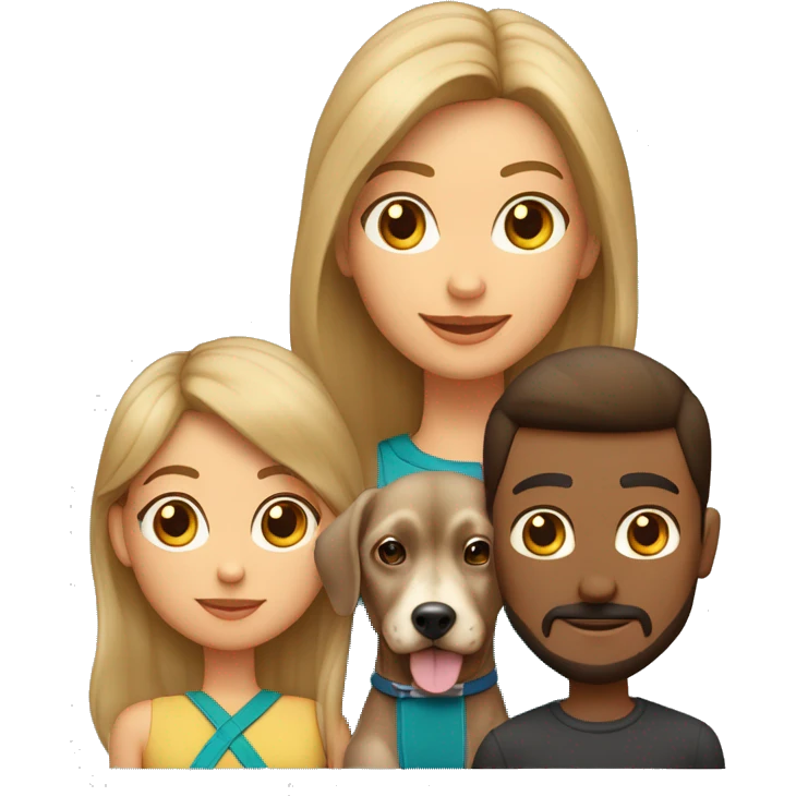 Familia 3 personas y perro chiuaua padre pelo corto rubio madre pelo castaño rizado mujer joven pelo negro largo y liso emoji
