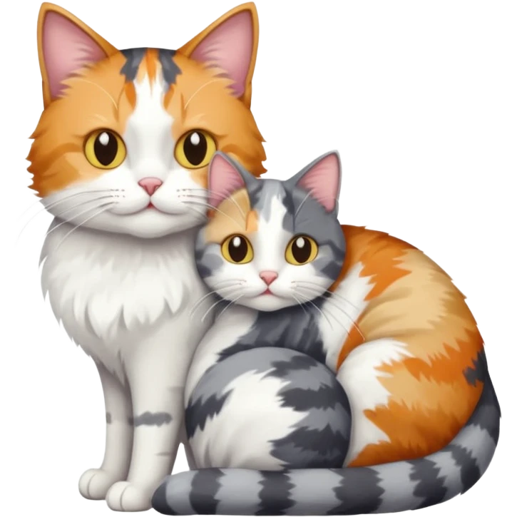 full body colourful light patched calico + white tabby cat cuddling a grey and white cat  emoji