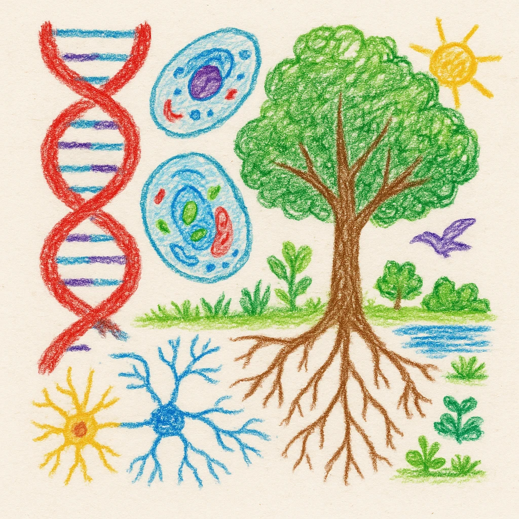 A realistic biological illustration (like in a school book) showing: DNA strands transitioning into a tree, cells with visible organelles, neurons connected to plant roots  and a balanced ecosystem background . Seamless integration, no labels or borders, white background, detailed but minimalist.  emoji