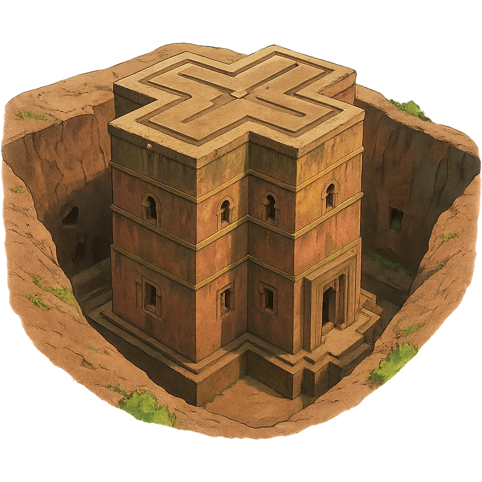 Create the rock hewn Church of Saint George in Lalibela, Ethiopia into a Ghibli style. Make it HD and precise. emoji