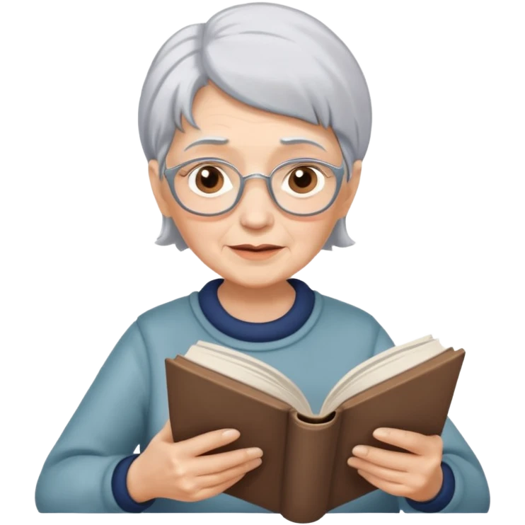 elderly woman with silver hair, reading a book, simple and expressive emoji