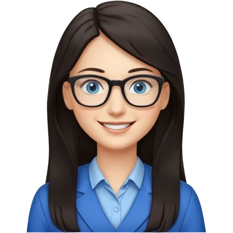 long dark hair, blue eyes, glasses teacher female emoji