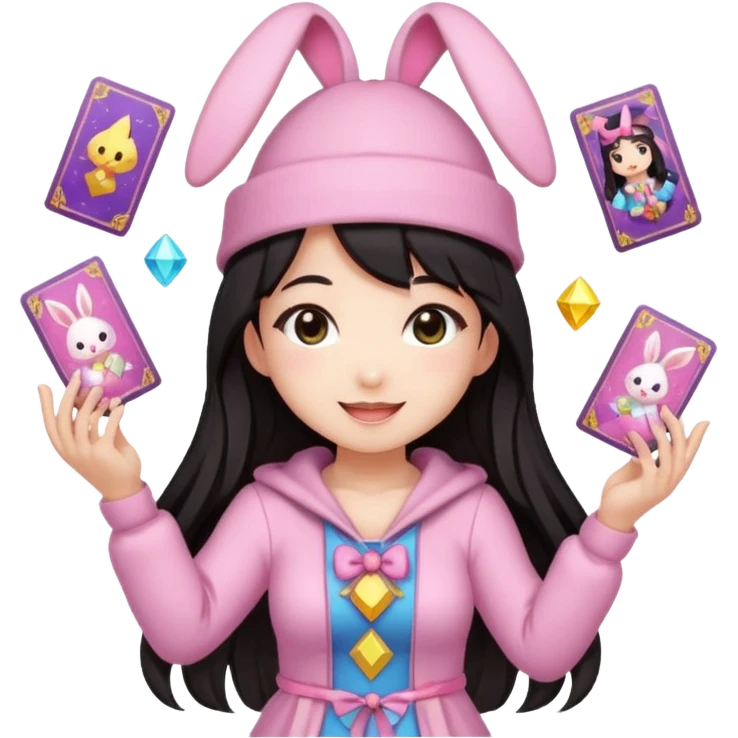 pixel art chibi asian girl with dark long hair in pink bunny ears hat magical girl with kawaii tarot cards thrown in air pixel emoji emoji