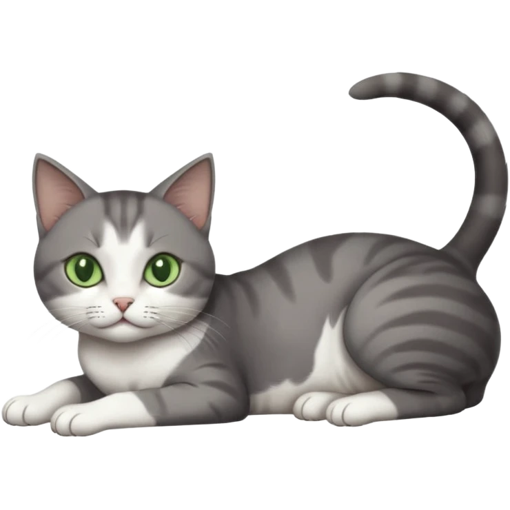 full body tiny short hair dark grey and white cat with white front legs and green  eyes lying down emoji