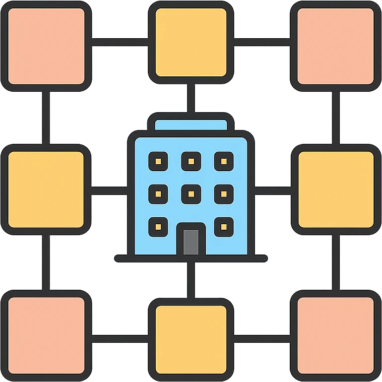 Matrix structure with a company icon in the center, minimalist and clean emoji