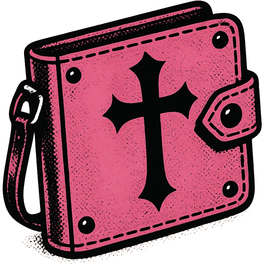 pink and black gothic wallet, bold lines, halftone shading, dramatic gothic flair emoji