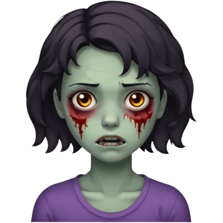 Zombie girl with bruises, she has a dark short wavy hair, she has a tired expression and dark eyes, she has dark circles too emoji