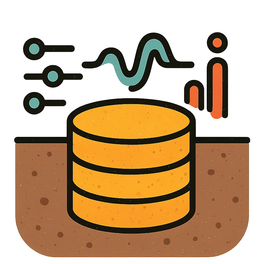 abstract minimalist icon of stacked disks partially submerged below a horizontal line representing underground, with flowing abstract data streams of lines, dots, or waves, worn and distressed effect emoji