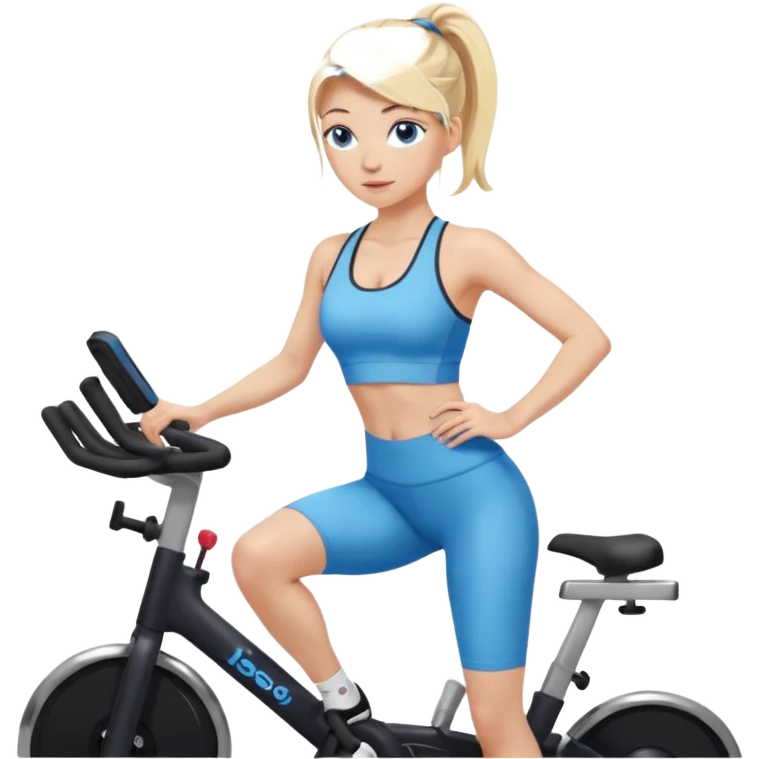 White girl blue eyes blonde hair in long pony tail instructing spin class in sports bra and leggings  emoji