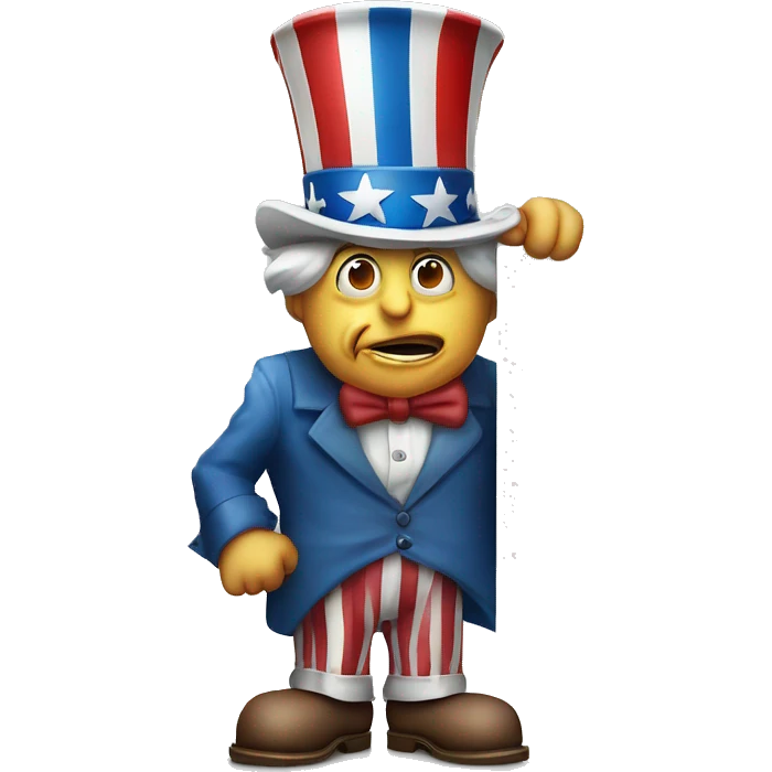 Uncle Sam with pitiful eyes holds a sign at full height waist photorealistic serious emoji