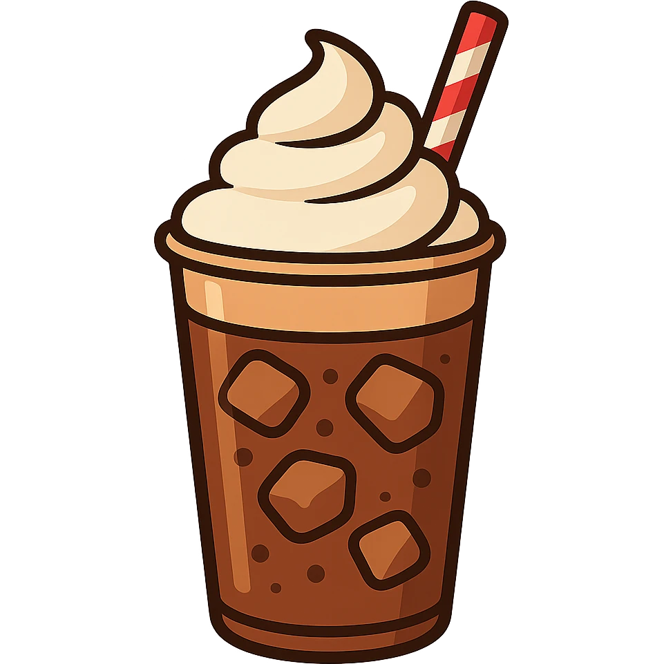 flat toon style iced coffee with whipped cream and straw emoji