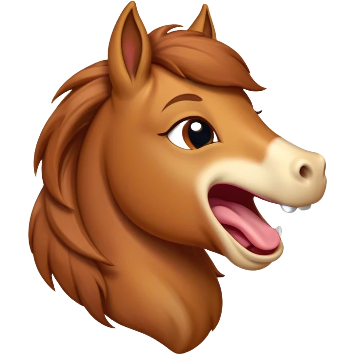 Cinematic Cute Yawning Chestnut Horse Portrait Emoji, Head tilted slightly with a dramatic, wide-open yawn, revealing a smooth chestnut fur with a subtle shimmer, floppy ears slightly drooping, round amber eyes barely open in drowsy contentment, Simplified yet irresistibly adorable features, highly detailed, glowing with a soft, cozy glow, high shine, relaxed yet expressive, stylized with a touch of equine whimsy, bright and endearing, soft glowing outline, capturing the essence of a sleepy yet affectionate horse, so drowsy it feels like it could stretch out of the screen and curl up for a nap! emoji