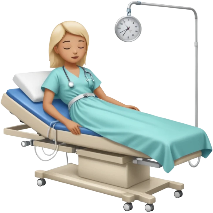 A patient lying on a medical examination bed with eyes closed, seen in a wider, full-body view, preparing to undergo a colonoscopy procedure in a clean hospital environment. emoji