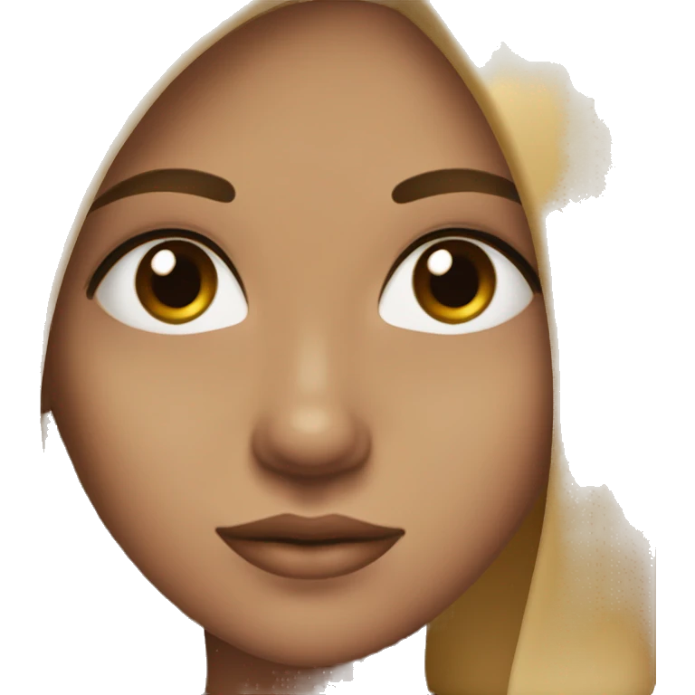 A girl with a round face, but beautiful. Straight hair slightly below the shoulders, parted to the right, brown in color. Big brown eyes, a small bump on her nose, large lips, and beautiful cheekbones, with black, not thin, eyebrows. emoji