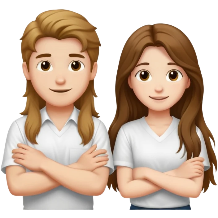 A boy and a long-haired girl crossed their arms over their chests - with a happy look on their faces - wearing white shirts emoji