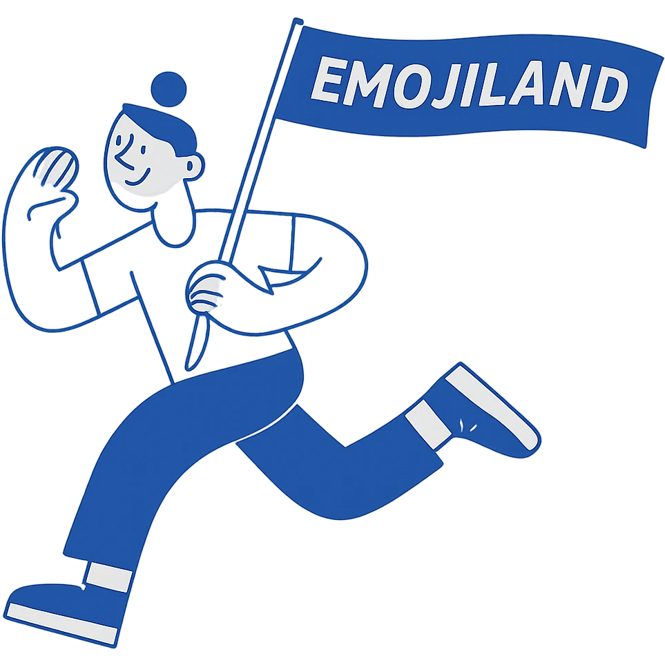 happy runner waving a flag that says 'emojiland' emoji