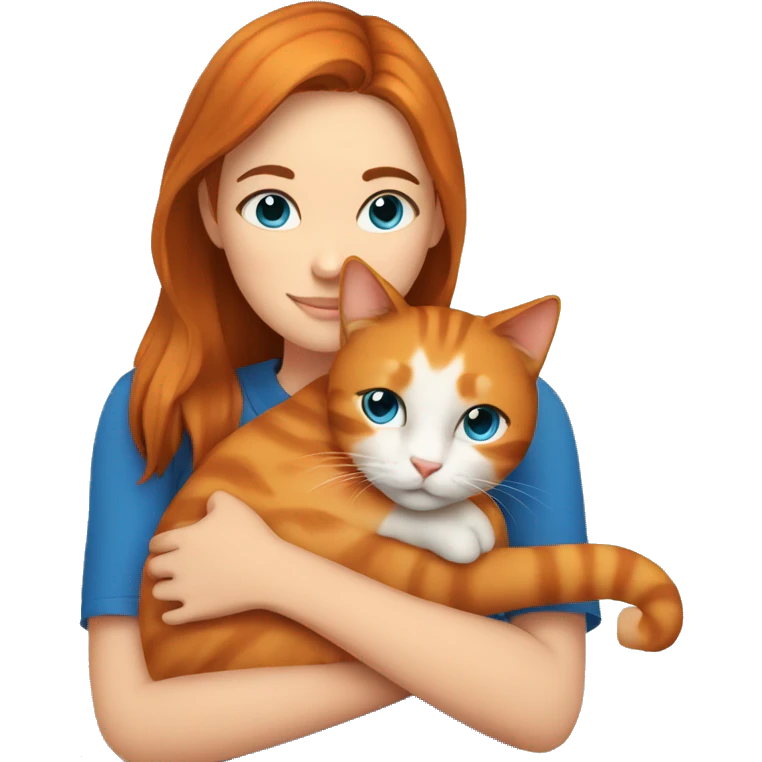 Young women with brown hair and blue eyes hugging an orange cat emoji