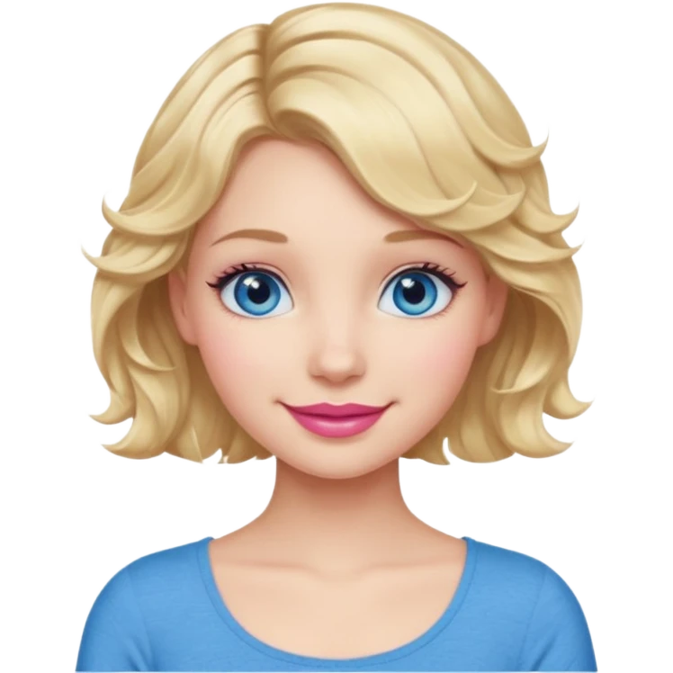 Girl Blonde short wavy hair,  blue eyes, cute blue top, long lashes, pink lips, smiling, 💁🏻‍♀️  emoji