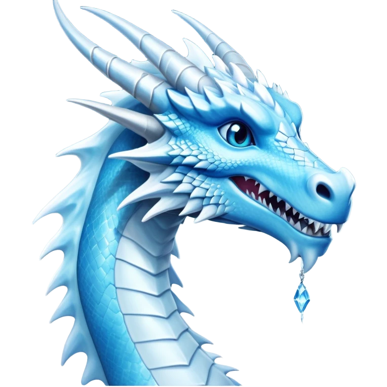 Cinematic Noble elegant Ice Dragon Portrait Emoji, Poised and imposing, distinct long elegant snout, with a slender, scaled body shimmering in glacial hues of icy blue, frostbitten silver, and crystalline white, breathing out frost, with piercing, glowing ice blue white eyes that radiate the chilling depths of an arctic storm; rendered in detail. emoji