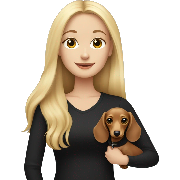 Blonde white girl wearing a black shirt holding a light colored long haired dachshund  emoji