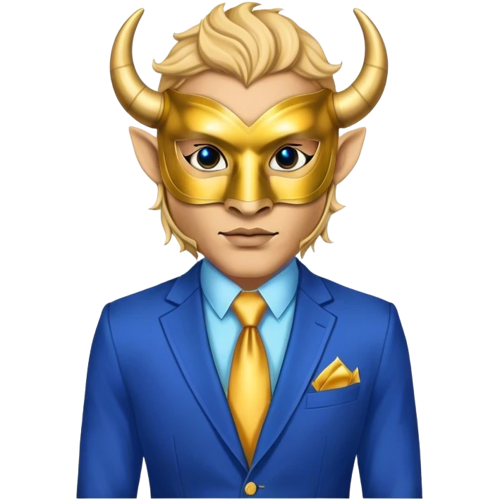 a man, with a Blue suit,  wear half-face golden Buffalo masquerade mask emoji