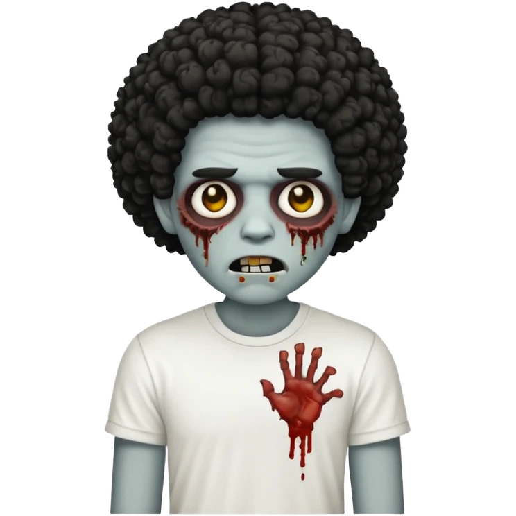 Make a image of a zombie with a curly  Afro with a  fade make it like a emoticon not as scary make hair black and with a white t shirt  emoji