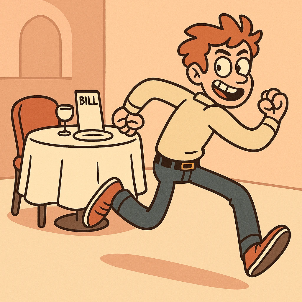 playful scene of a person running away from a restaurant table with a bill left behind, cartoon style, energetic and mischievous mood emoji