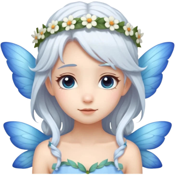 A shy white hair fairy with soft blue wings with flower smallcrown emoji