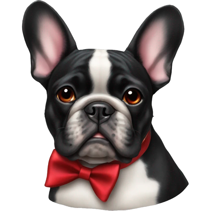 an all-black French bulldog with a red bow tie emoji