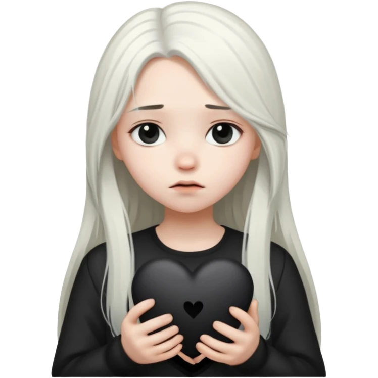 A girl with long white hair is sad and holds a black heart in her hands emoji